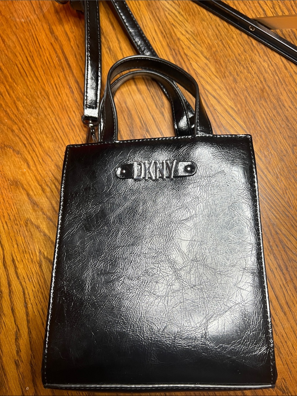 DKNY Black Patent Leather Mini Crossbody Tote with Logo Plaque